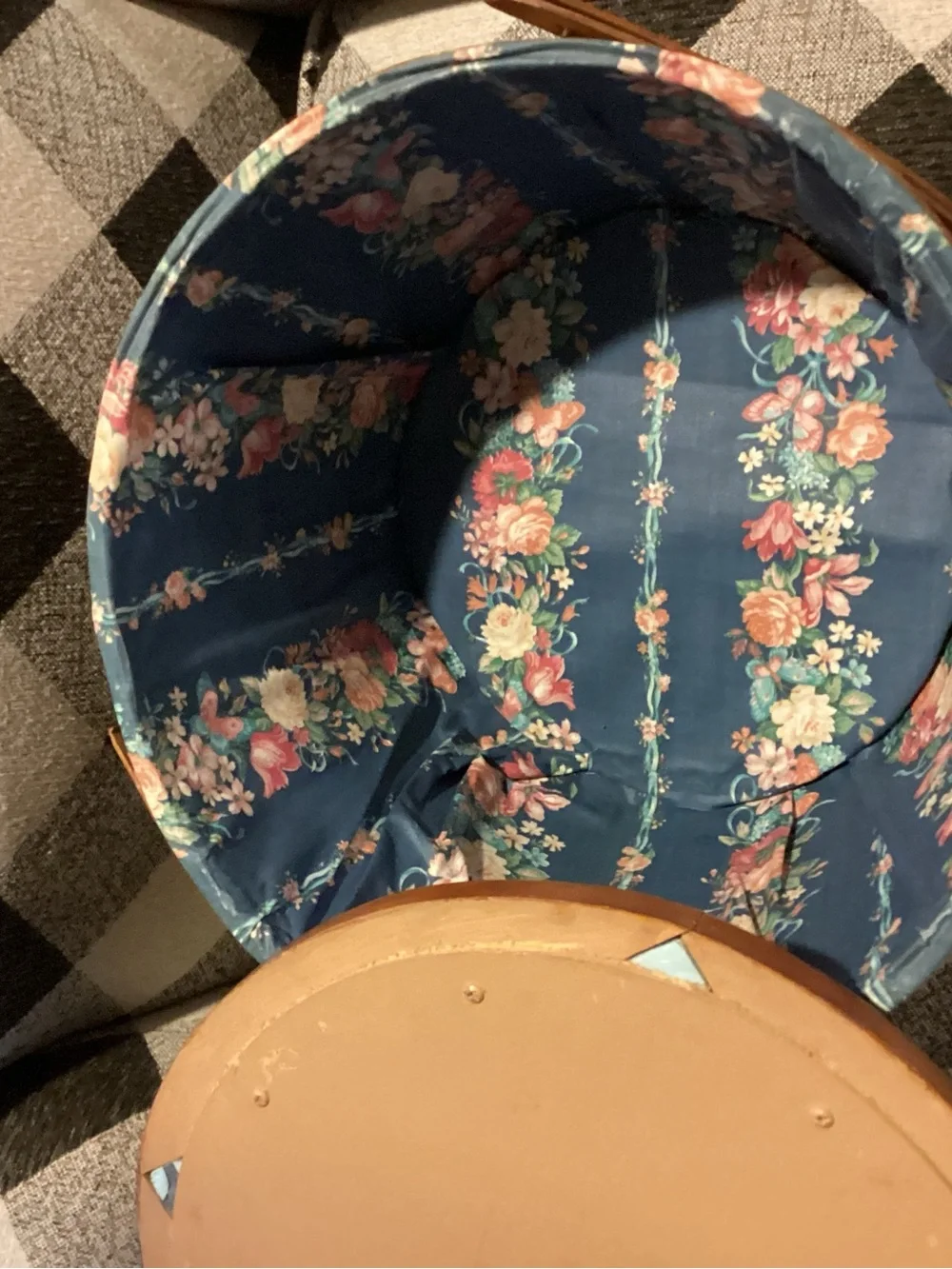 vintage wood and wicker sewing basket featuring “Churn Dash Star